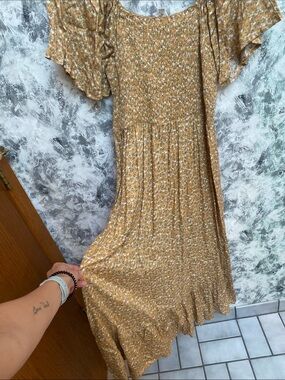 Smocked Mustard Floral Midi Dress with Flutter Sleeves - Women